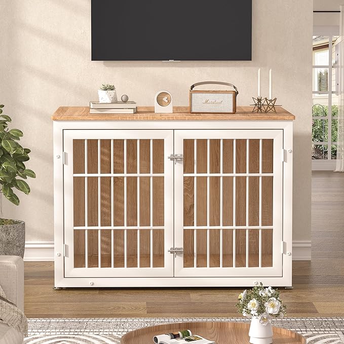 42" Heavy Duty Dog Crate Furniture for Large Dogs, Metal Kennel for High Anxiety Dogs, White Wooden Cage Furniture Indoor, Decorative Dog Kennel End Table, XL-PurrikoPets