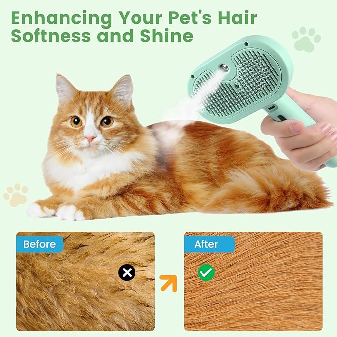 3 in 1 Cat Steam Brush, Pet Spray Hair Removal Comb for Shedding & Grooming, Water Brush for Cats Dogs Small Animals Long Short Haired with One-Click Release Button(Green)-PurrikoPets