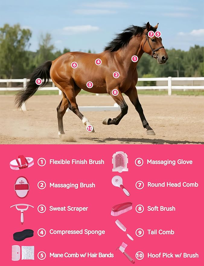 11PCS Horse Grooming Kit Curry Comb Sweat Scraper Horse Bathing Supplies Grooming Tools with Storage Bag Pink Garnet-PurrikoPets