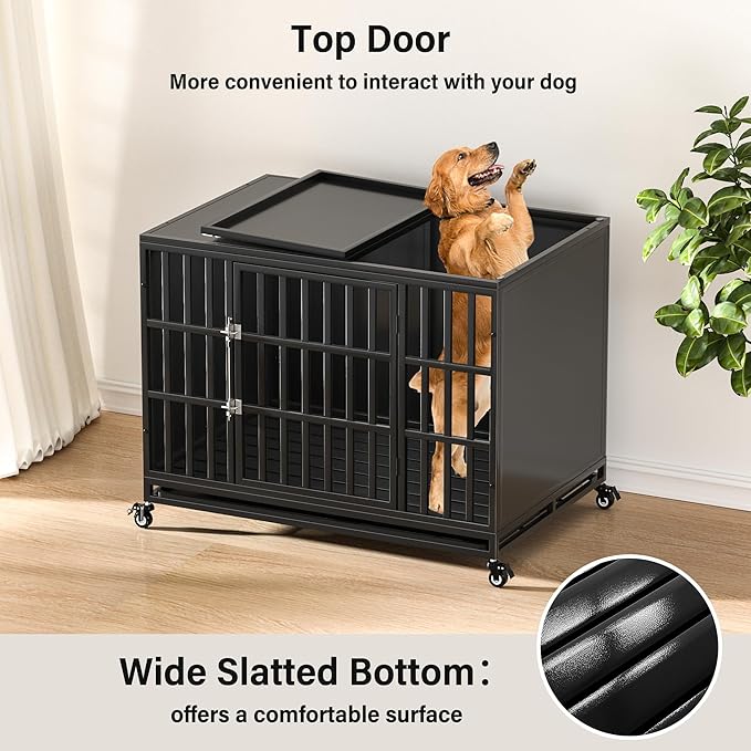 42 inch Heavy Duty Dog Crate with Self-Locking Latch, Indestructible Steel Large Kennel with Enclosed Design, Chew-Proof and Escape-Proof Pet Cage for High Anxiety Dogs-PurrikoPets