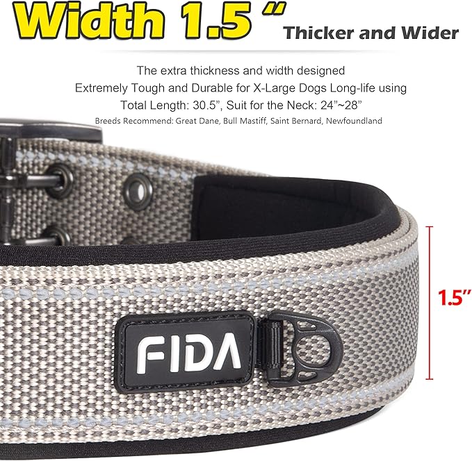 Fida Heavy Duty Dog Collar 1.5” Width, Ultra Soft Neoprene Padded, Adjustable Reflective Nylon Pet Collar with Two Metal Pin Belt Buckle for Large/X-Large Breeds (XL, Grey)-PurrikoPets