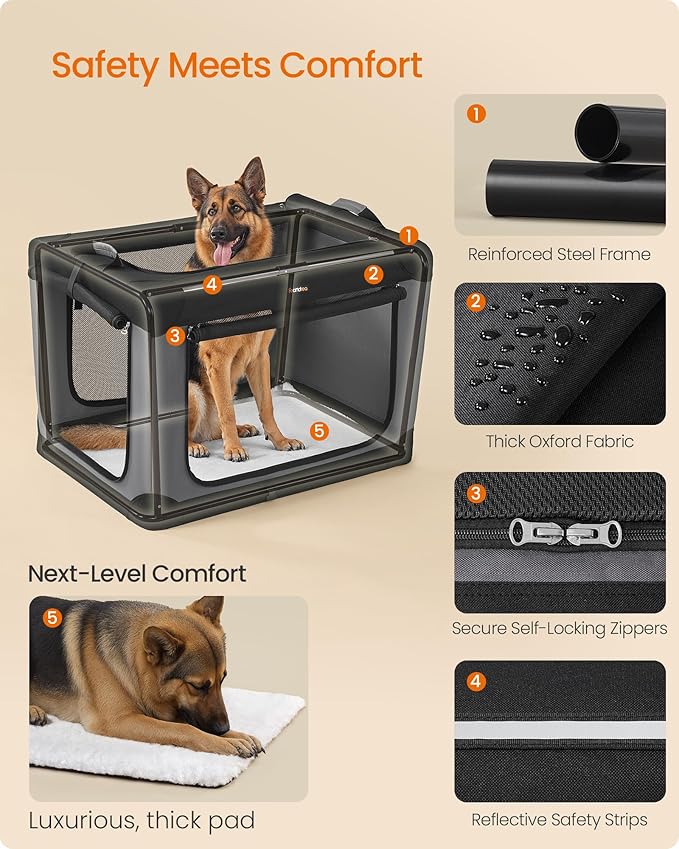 Feandrea Collapsible Dog Crate, 42-Inch Portable Dog Travel Crate for Large Dogs, Oxford Fabric Pet Carrier with 4 Mesh Doors, Handles, Storage Pocket, Water Bottle Holder, Ink Black UPDC021B01-PurrikoPets