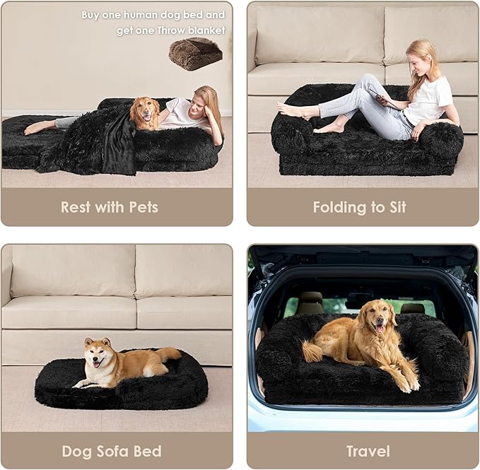 EHEYCIGA Foldable Human Dog Bed, Orthopedic Memory Foam Human Sized Dog Bed, Waterproof Pet Bed for People, Faux Fur Pet Couch for Adult, Black, 72"x44"x11"-PurrikoPets