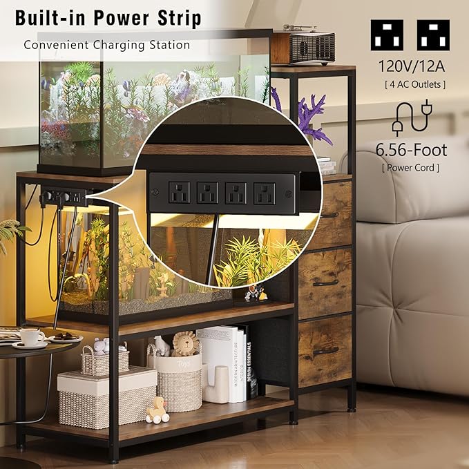 20 Gallon Aquarium Stand with Power Outlets Fish Tank Stand with 3 Drawers Metal Frame Heavy Duty Reptile Tank Stand with 3-Tier Storage Shelves,Left/Right Assembly, Adjustment Height-PurrikoPets