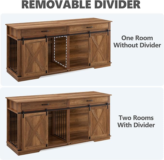 72.5" Extra Large Furniture Style Double Dog Crates for Large Breeds, XXL Wooden Dog Kennel Furniture with Drawers, Divider, Water Resistant & Barn Door for 2 Dogs, Rustic Oak-PurrikoPets