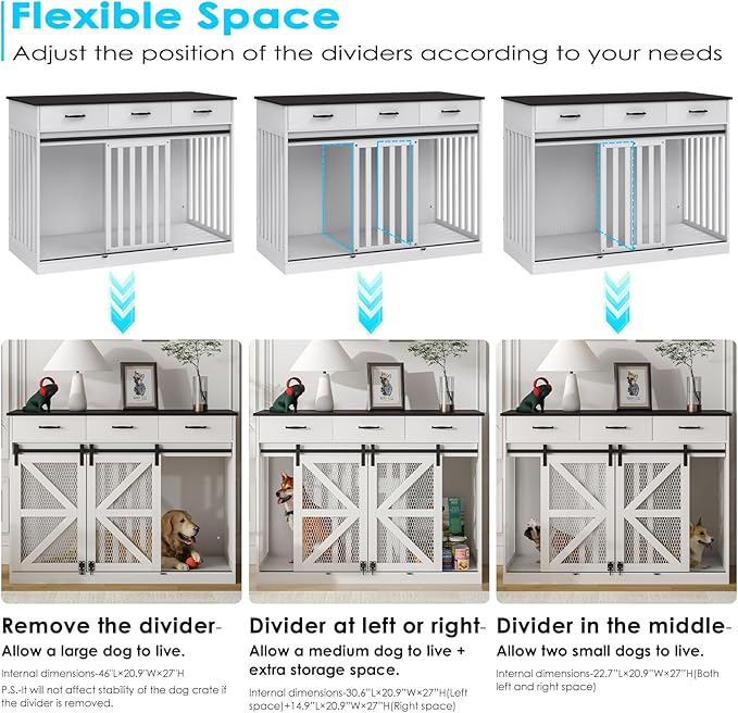 48'' Dog Crate Furniture with Divider&Storage Drawers, Wooden Double Dog Kennel Furniture End Table with Sliding Barn Doors, White Double Dog Crate TV Stand-PurrikoPets