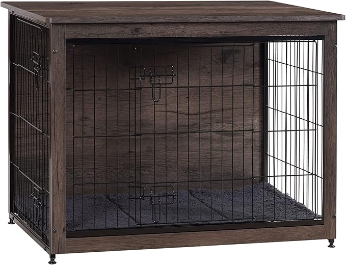 DWANTON Dog Crate Furniture with Cushion, Wooden Kennel Table with Double Doors, Indoor Dog House, Medium Size, 32.5" L, Dark Gray-PurrikoPets