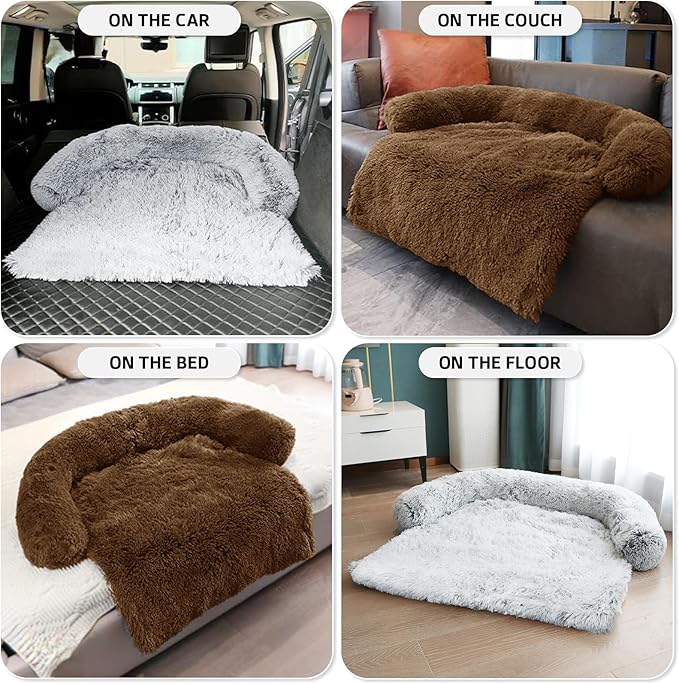 GGIB Calming Dog Bed Fluffy Plush Dog Mat for Furniture Protector with Removable Washable Cover for Large Medium Small Dogs and Cats (Large, Brown)-PurrikoPets