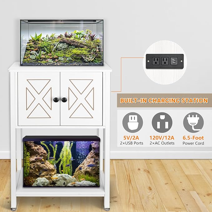 5-10 Gallon Fish Tank Stand, Heavy Duty Aquarium Stand with Cabinet & Power Outlets for Fish Tank Accessories Storage, Double Reptile Terrarium Stand 20.5" L* 11" W Tabletop, White-PurrikoPets