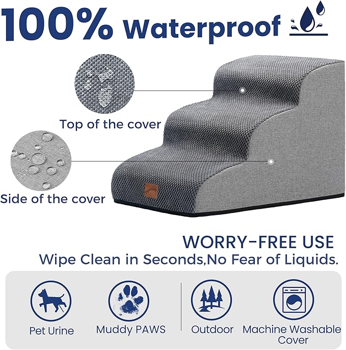 GoGoBunny Ramp Dog Stairs for Couch Sofa and Chair 15.7" H, 3-Step Pet Steps for Small Dogs and Cats, Non-Slip Waterproof Fabric Cover, Stable and Balanced Indoor Step, Pets Friendly, Grey-PurrikoPets