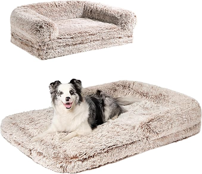 EHEYCIGA Foldable XXL Dog Bed, Faux Fur Fluffy Pet Couch Bed for Extra Large Dogs, Orthopedic Calming Memory Foam Pet Bed, Washable Soft Pet Sofa Bed with Non-Slip Bottom, Faded Brown, 54"x38"x7.5"-PurrikoPets