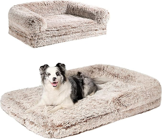 EHEYCIGA Foldable XXL Dog Bed, Faux Fur Fluffy Pet Couch Bed for Extra Large Dogs, Orthopedic Calming Memory Foam Pet Bed, Washable Soft Pet Sofa Bed with Non-Slip Bottom, Faded Brown, 54"x38"x7.5"-PurrikoPets
