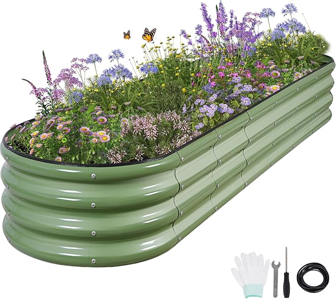 Galvanized Raised Garden Bed - 8x2x1FT Metal Planter Boxes Outdoor | Oval Steel Raised Bed Kit for Gardening with Protective Tape, Bracing Rods, Gloves for Vegetables, Flower, Herb (Green)-PurrikoPets
