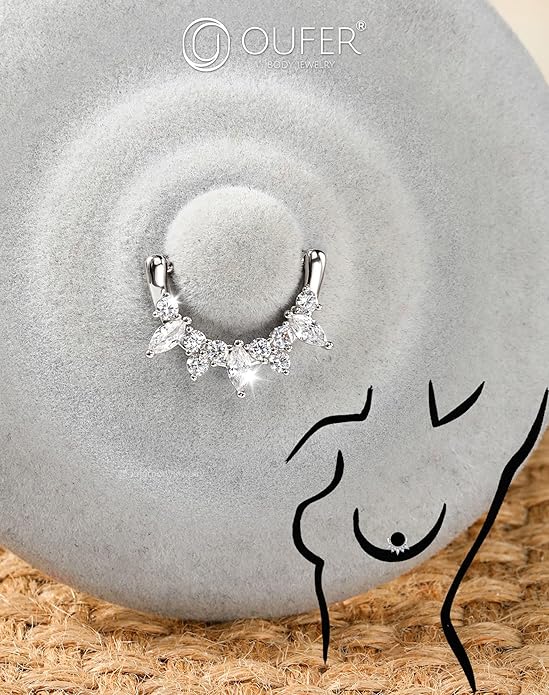 OUFER 2PCS Shield Nipple Rings for Women, 316L Surgical Steel Nipple Piercing Jewelry, Clear CZ Clicker Body Piercing Jewelry Barbells-14mm