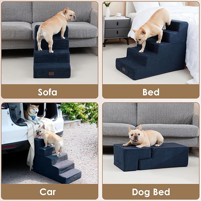 EHEYCIGA Dog Stairs for High Bed 22.5" H, 5-Step Dog Steps for Bed, Pet Steps for Small Dogs and Cats, Non-Slip Balanced Pet Ramp Indoor, Navy Blue-PurrikoPets
