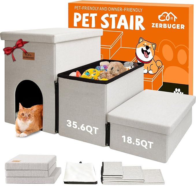Dog Stairs with Condo 18" H, 3-Step Wider Dog Steps for High Beds Couch, Folding Storage Pet Stairs Gift for Small/Medium/Large Old Dogs Cats, Ramp for Climbing Car Up to 200 lbs, Beige-PurrikoPets