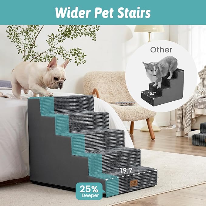 Dog Stairs for Small Dogs, 5 Tier Wider Pet Stairs for High Beds, 23.6" H Non-Slip Dog Steps for Old Cats, Puppies, Small Medium Dogs, 29.5x19.7x23.6 inch, Dark Grey-PurrikoPets