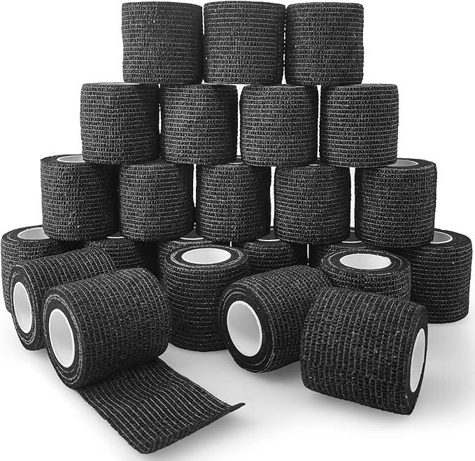24 Rolls Black Elastic Self Adhesive Bandage Wrap, Breathable Flexible Fabric Non Woven Cohesive Bandage, Ankle Sprains Swelling Medical First Aid Sports Athletic Tape, Dogs Pet Vet Wrap 2 in-PurrikoPets