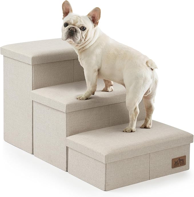 Dog Stairs with Storage, 3-Step Wider Sturdy Dog Steps for Small/Medium/Large Dogs and Older Cats, Folding Doggie Ramp for Bed/Couch/Car Hold Up to 180 lbs (16.7" H, Beige)-PurrikoPets