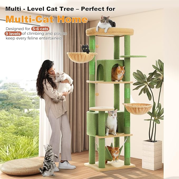 71.2" Large Cat Tree for Multi-Cat Households - 9-Level Cat Tower w/5 Sisal Scratching Posts, 2 Condos, Soft Hammock, Top Perch & Pom Poms - Heavy-Duty Space-Saving Design, Cactus Green-PurrikoPets