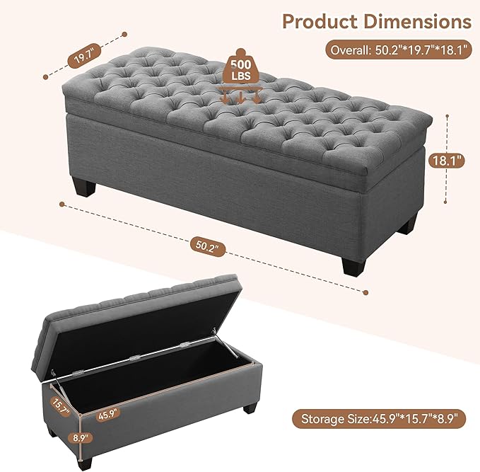 51" Fabric Storage Ottoman Bench, Upholstered Rectangle End of Bed Storage Ottoman Tufted Living Room Bedroom Bench with Safety Hinge, Solid Wood Legs, Loads 500 lb(Dark Grey)-PurrikoPets