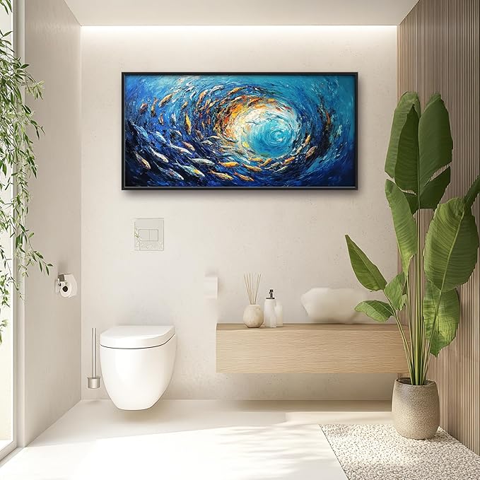 Extra Large Framed Abstract Ocean Fish Wall Art,Oversized Blue Sea Nautical Fish Wall Decor Pictures for Living Room,Canvas Print Painting Modern Artwork Bedroom Office Bathroom Home Decor 60L x30W-PurrikoPets