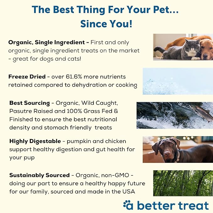 A Better Treat – Freeze Dried Organic Pumpkin, Wild Caught Salmon, Organic Grass Fed & Finished Pasture Raised Beef, Organic Chicken Dog and Cat Treats | Healthy, Diabetic Friendly | Made in The USA-PurrikoPets