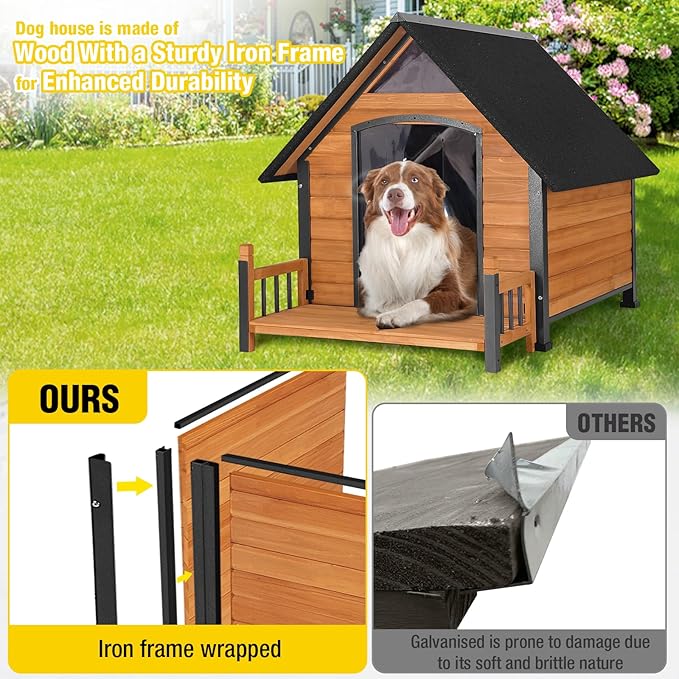 AIVITUVIN Outdoor Dog House with Anti-Chewing Durable Metal Frame Dog Kennel for Large Breed Dog Shelter Weatherproof (Brown 50.9" D x 37.4" W x 37.2" H-PurrikoPets