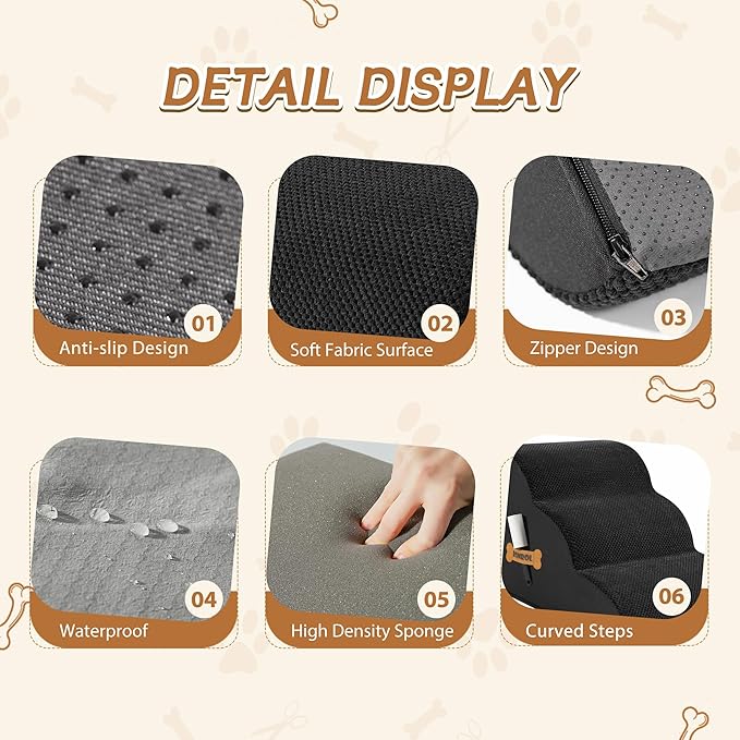 Dog Stairs, Romrol Dog Steps Ramp for High Bed and Couch, Dogs Ramp with Durable Non-Slip Waterproof Fabric Cover, Pet Stairs for Small Dogs and Cats or Pets Joints, 4-TiersBlack-PurrikoPets