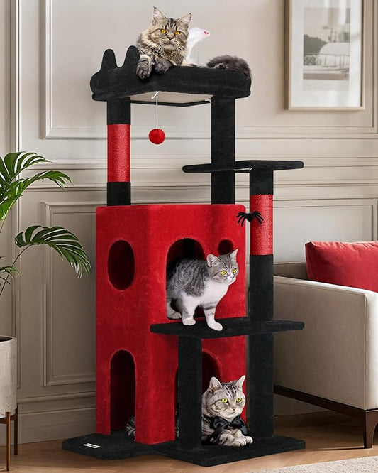 Globlazer Gothic Cat Tree Tower for Indoor Cats, 50-inch Goth Adult Cat Tree House for Large Adult Cats with Steps, Scratching Post, 2 Cat Caves, Dangling Toys, FC50, Blood-Goth-PurrikoPets