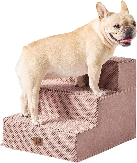 EHEYCIGA Dog Stairs for Small Dogs 13.5" H, 3-Step Dog Steps for Couch Sofa and Chair, Pet Steps for Medium Cats, Non-Slip Balanced Pet Ramp Indoor, Pink-PurrikoPets
