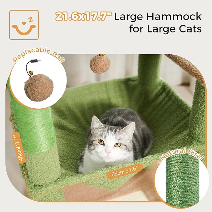 54” Cat Tree for Large Cats Big Cat Tower with Enlarged Hammock 21.6x17.7” Spacious Cats Condo House, Roomy Top Bed,Multiple Scratch Posts and Pad for Indoor Adult Cats (Green, Large-54)-PurrikoPets