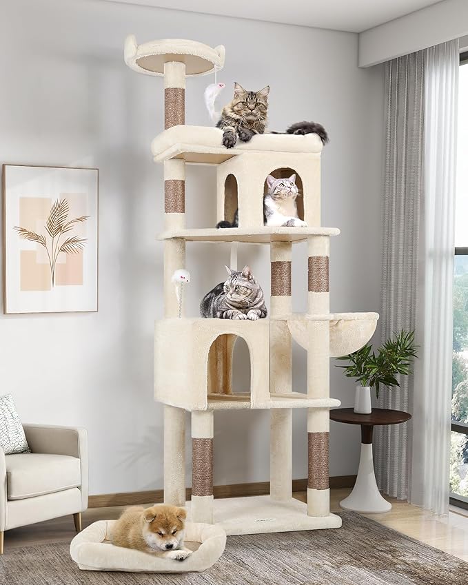 Globlazer Heavy Duty Cat Trees for Large Cats, Sturdy 72in Maine Coon Cat Tree for Large Cat 20 lbs+ Heavy Duty Cat Tower for Adult Biggest Cats with 6 Scratching Posts, Hammock, S72, Beige-PurrikoPets