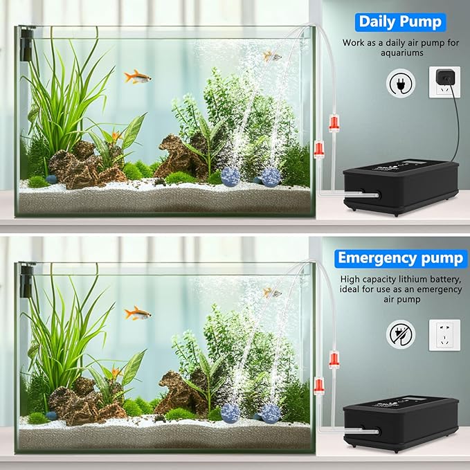 fishkeeper Rechargeable Aquarium Air Pump, 8W 130GPH Ultra Quiet Fish Tank Air Pump for 10-120 Gallon Tanks Adjustable Oxygen Aerator Pump for Outdoor-Fishing, Power Outages and Emergency-PurrikoPets