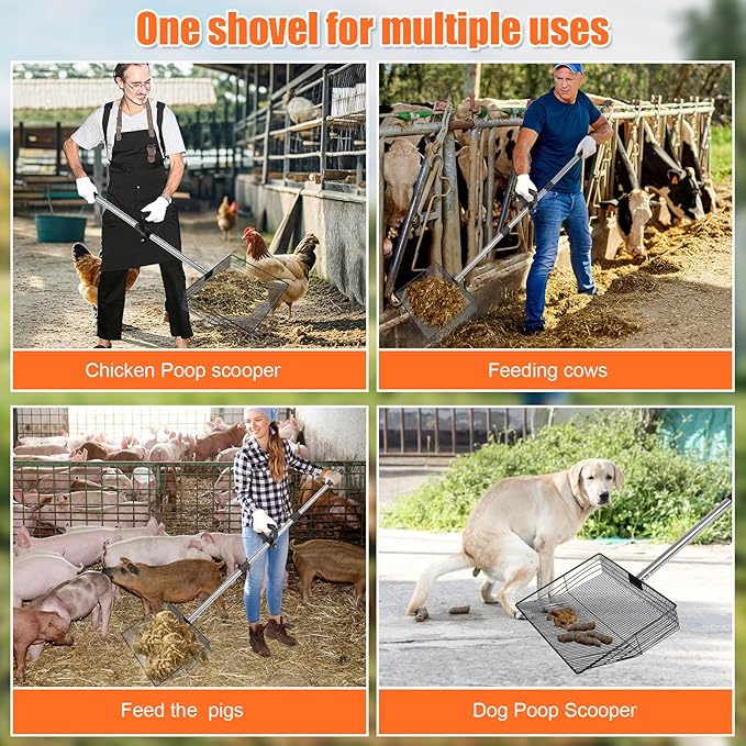 15 inch Large Chicken Poop Scooper with Ergonomic Grip, 6 in 1 Detachable Chicken Scooper for Poop Shovel (20 to 79"), Stainless Steel Sifting Shovel for Chicken Coop/Goat Stall/Stable Cleaning Tool-PurrikoPets