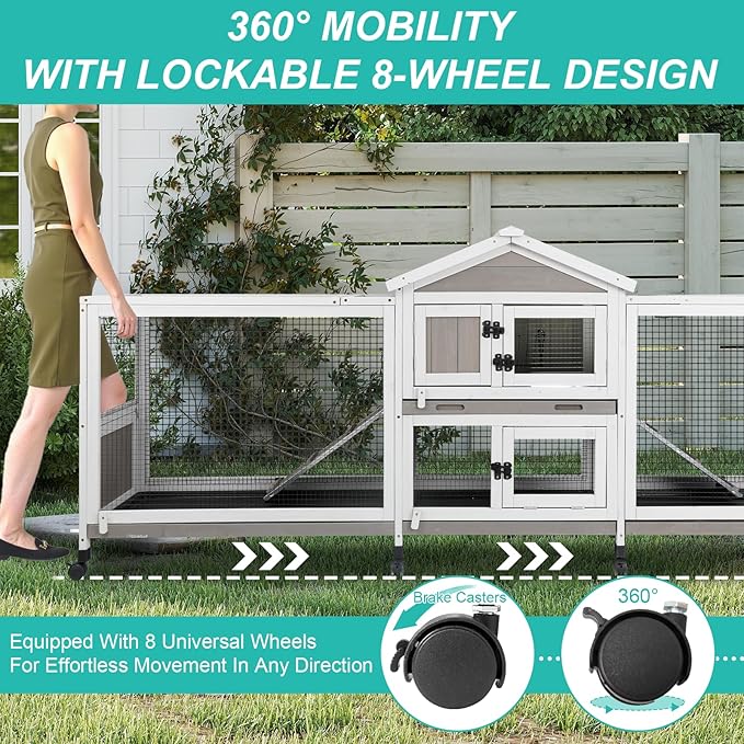 2-Tier Rabbit Hutch with Wheels, Indoor & Outdoor Small Animal Cage with Deep Pull-Out Tray, Anti-Chew Frame, Habitat for Bunny, Guinea Pig, Chinchilla (93" L x 19" W x 35" H)-PurrikoPets
