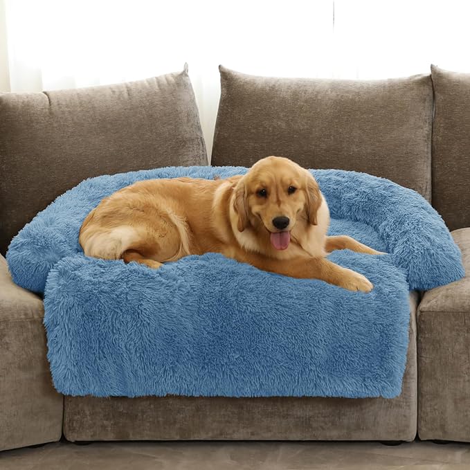 GGIB Calming Dog Bed Fluffy Plush Dog Mat for Furniture Protector with Removable Washable Cover for Large Medium Small Dogs and Cats (Extra Large (53x39.3x6), Navy)-PurrikoPets