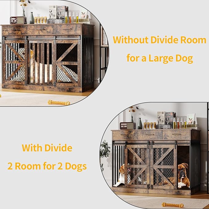 48'' Dog Crate Furniture with Removable Divider & Storage Drawers, Wooden Double Dog Cage TV Stand with 2 Sliding Barn Doors, Multi-Functional Dog Crate End Table for Indoor use (Retro Brown)-PurrikoPets