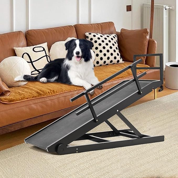 Dog Ramp for Bed, Adjustable Pet Ramps for Dog to Get on Bed, Non-Slip Rubber Surface - Folding Wooden Dog Ramp for Small/Large/Old Dogs, Adjustable up to 27.5 inch High Beds, Safety Railings-PurrikoPets