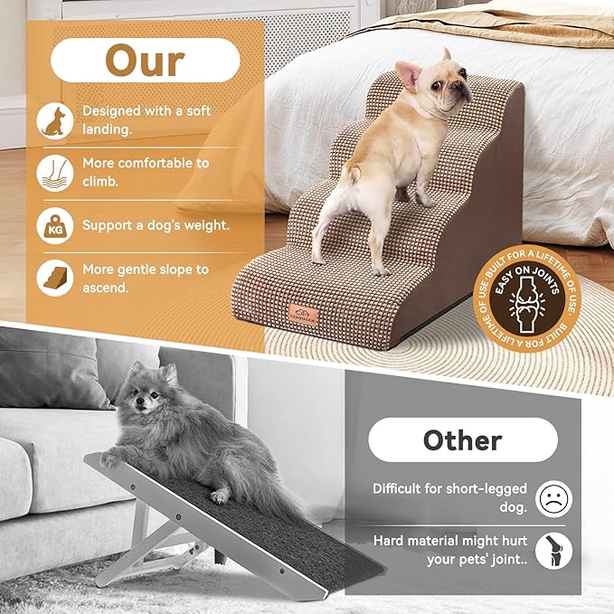 Dog Ramp and Stair for Bed 16" H-20 H,3-Step Cat Stair for Sofa and Chair,4-Step Dog Ramp for High Bed and Window,Durable Nonslip Fabric Cover for Indoor (Coffee-20 H, Pet Friendly, 4)-PurrikoPets