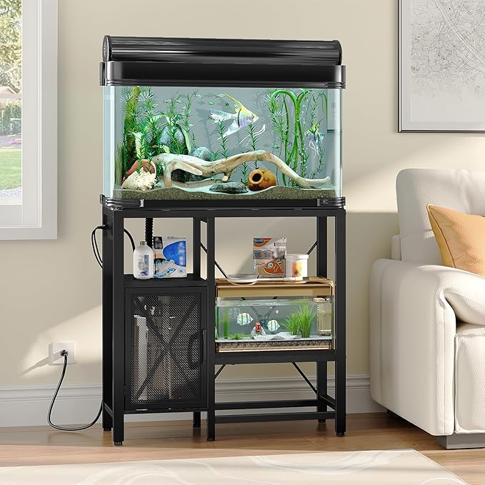 20-37 Gallon Fish Tank Stand, Aquarium Stand with Power Outlet and Storage Cabinet, Heavy Duty Tank Stand Suitable for Turtle Tank, Reptile Terrarium, for Home Office, Black FTHB40E01-PurrikoPets