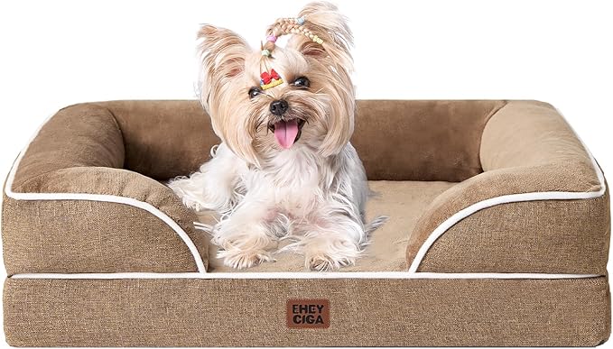 EHEYCIGA Orthopedic Dog Bed for Small Dogs, Waterproof Memory Foam Small Dog Beds with Sides, Non-Slip Bottom and Egg-Crate Foam Medium Pet Couch Bed with Washable Removable Cover, Camel-PurrikoPets
