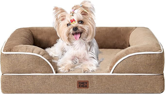 EHEYCIGA Orthopedic Dog Bed for Small Dogs, Waterproof Memory Foam Small Dog Beds with Sides, Non-Slip Bottom and Egg-Crate Foam Medium Pet Couch Bed with Washable Removable Cover, Camel-PurrikoPets