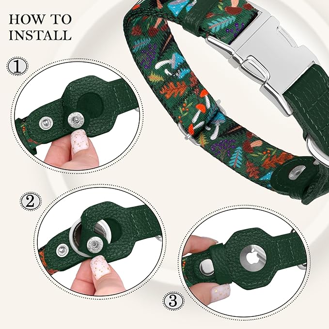AirTag Dog Collar for Small Medium Large Breed - Adjustable Cute Pattern Dog Collar with Airtag Holder - Soft Leather Tracker GPS Apple Air Tag Pet Collars (X-Small, 9"-12" Neck Fit, Mushroom)-PurrikoPets