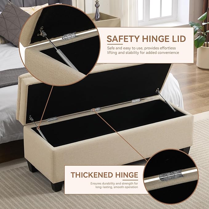 51" Fabric Storage Ottoman Bench, Upholstered Rectangle End of Bed Storage Ottoman Tufted Living Room Bedroom Bench with Safety Hinge, Solid Wood Legs, Loads 500 lb(Khaki)-PurrikoPets