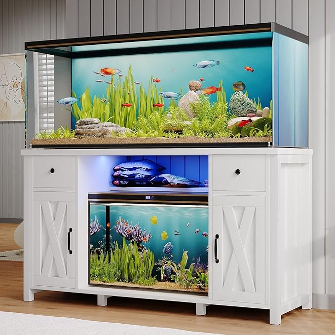 75 Gallon Fish Tank Stand with LED Light & Power Outlets, 55-75 Gallon Aquarium Stand with 2 Drawers & 2 Barn Doors, 52" L x 20" W Cabinet for 2 Fish Tank Accessories Storage, Turtle Tank, White-PurrikoPets