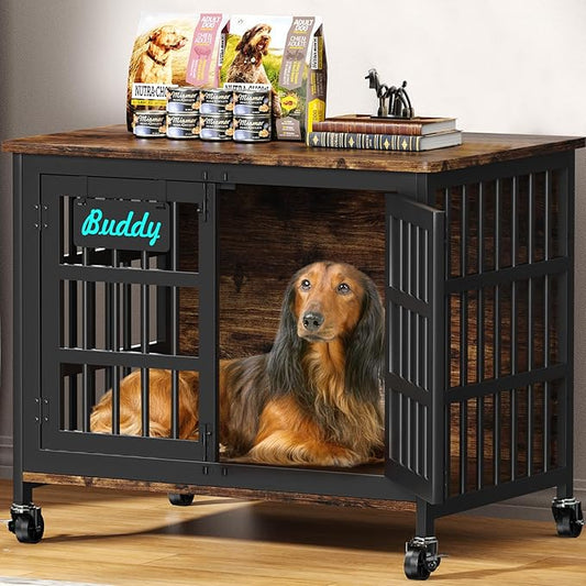 EasyCom 33"/27" Dog Crate Furniture with Name Tag, Heavy Duty Dog Kennel Indoor for Medium and Small Dogs, Double-Doors Sturdy Metal Dog Cage, Decorate House as TV Stand, End Table, Bedside Table-PurrikoPets