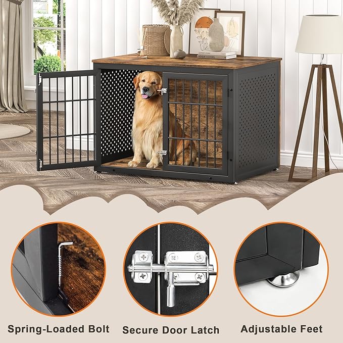 42" Heavy Duty Dog Crate Furniture for Large and Medium Dogs, Enclosed Design Wooden Metal Kennel, Wooden Cage Furniture Indoor, Decorative Dog Kennel End Table-PurrikoPets