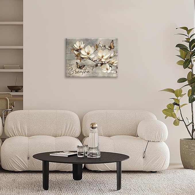 Floral Magnolia Bathroom Pictures Wall Art, Just Breathe Bathroom Wall Decor, Flower Butterfly Framed Painting Canvas Artwork for Bedroom Living Room Decorations 16"L x 12"W-PurrikoPets