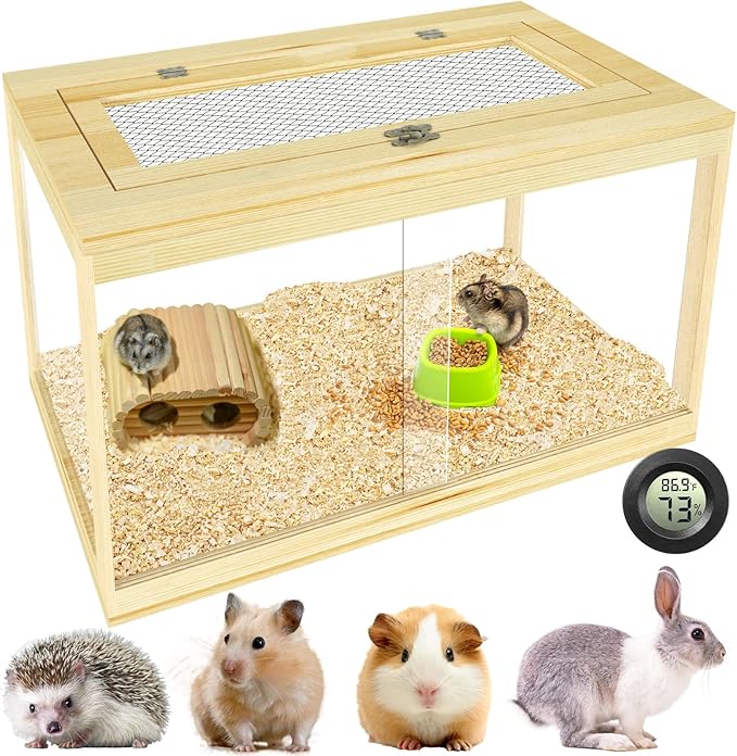24" Hamster Cage, Lockable Sliding Door Gerbil Cage, Dwarf Hamster Cage with Metal Mesh Roof, Mice and Small Animal Habitat, Chewproof Syrian Hamster Enclosure, (Wooden, 24" L x 16" W x 16" H)-PurrikoPets